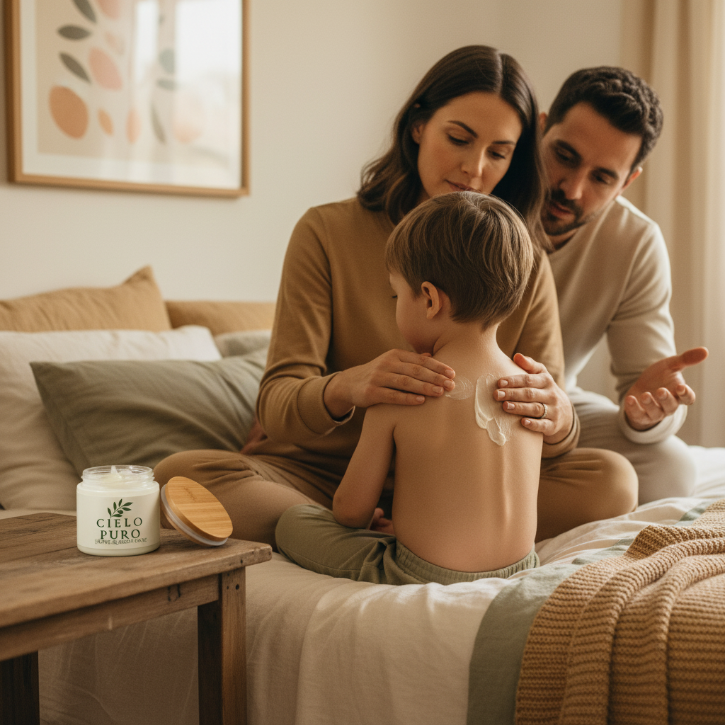 Parents applying cold rub with jar naturally placed on nightstand